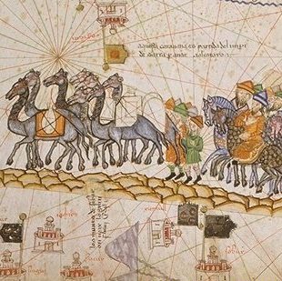 caravane sur la route de la soie. Atlas catalan,c. 1380