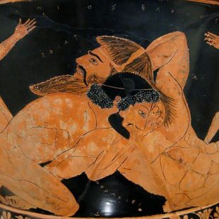 Combat d'Héraklès et Antée sur un vase grec, ocre sur fond noir