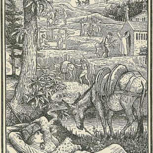 Frontispice gravé de Voyage avec un âne dans les Cévennes Walter Crane