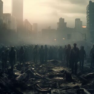 Zombies marchant dans une ville en ruine.
