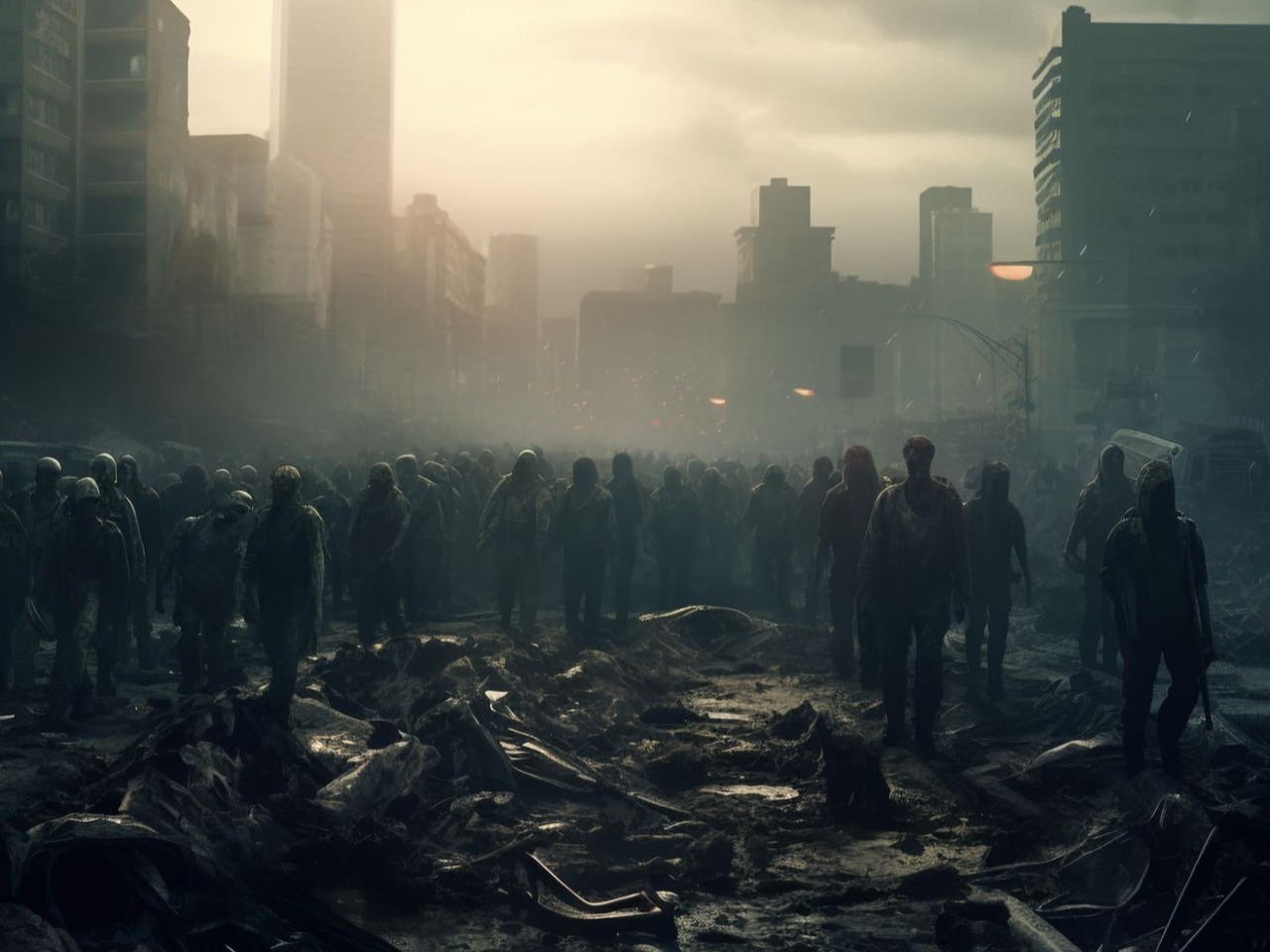 Zombies marchant dans une ville en ruine.