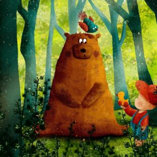 Illustration d'un ours et d'un enfant dans une forêt avec des oiseaux.