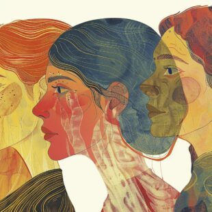 Dessin de trois visages de femmes vus de profil.
