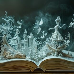 Décor en papier représentant un univers de conte de fées et sortant d'un livre ouvert.
