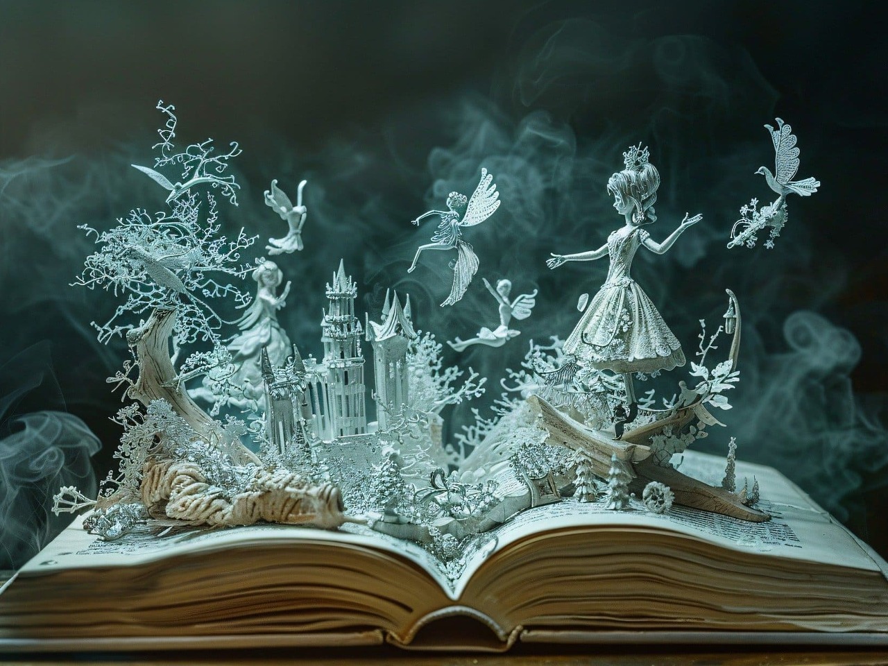 Décor en papier représentant un univers de conte de fées et sortant d'un livre ouvert.