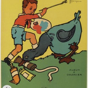 Album à colorier coincoin. Un enfant joue avec un canard qui pince dans son bec des tubes de gouache.