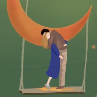 Dessin d'un couple s'enlaçant sur une balançoire suspendue à la Lune.
