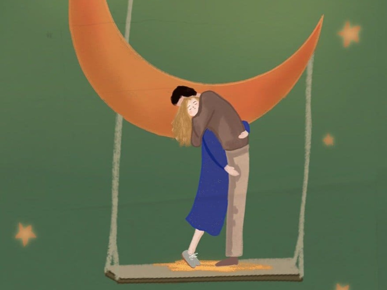 Dessin d'un couple s'enlaçant sur une balançoire suspendue à la Lune.