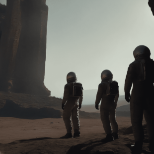 Paysage désertique avec des trois astronautes.