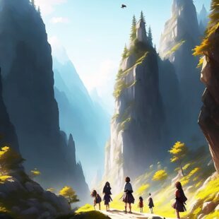 Illustration d'un paysage de montagne avec un groupe de personnages de loin.