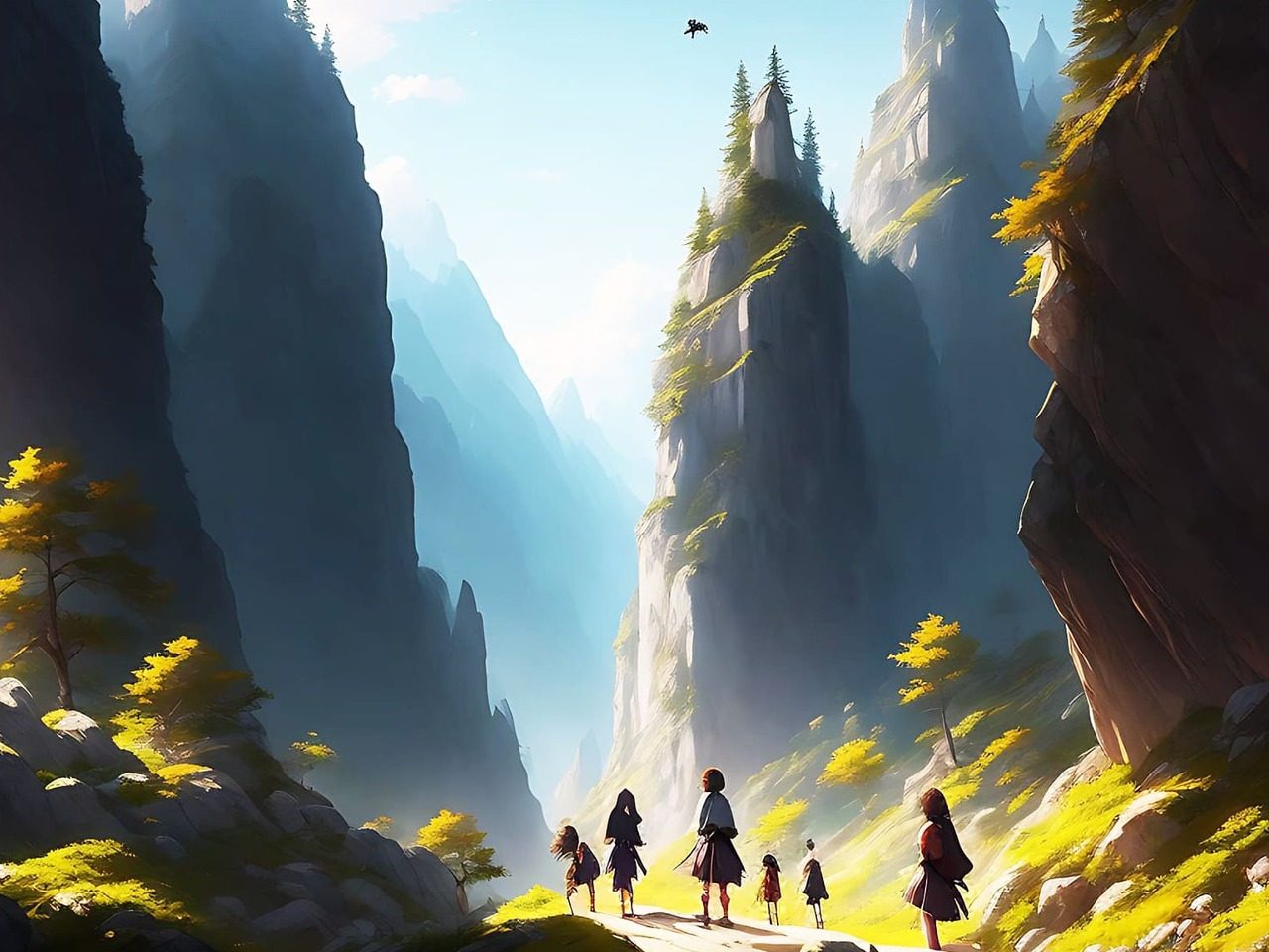 Illustration d'un paysage de montagne avec un groupe de personnages de loin.