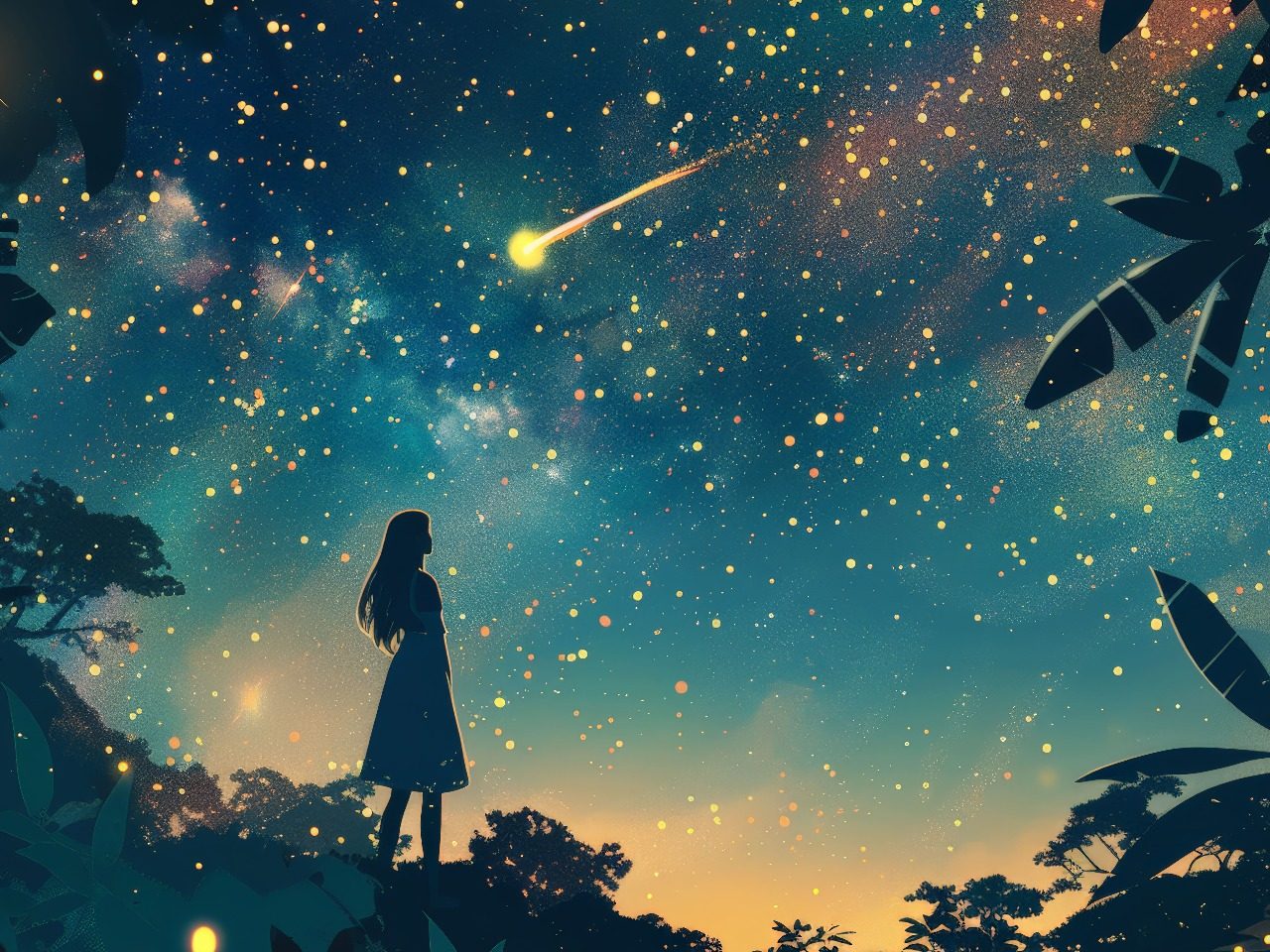 Dessin d'une fille qui se tient devant un ciel étoilé, une étoile filante passe.