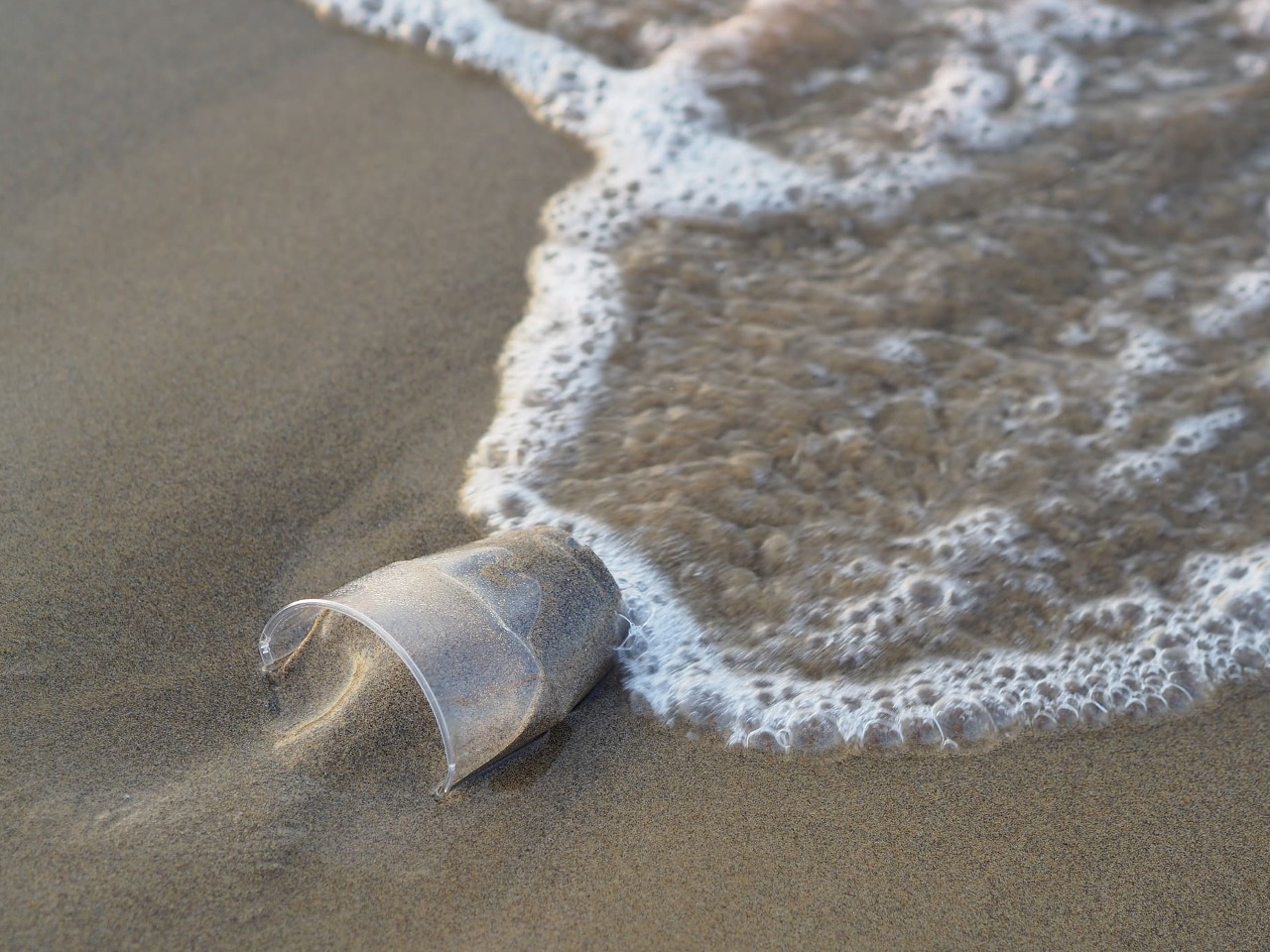 Gobelet en plastique sur le sable d'une plage.