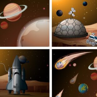 4 vignettes montrant un astronaute voyageant à travers l'espace.