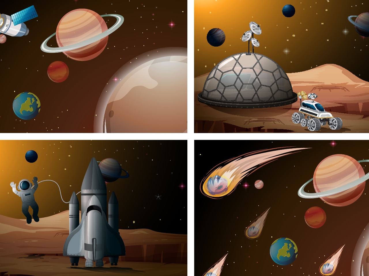 4 vignettes montrant un astronaute voyageant à travers l'espace.