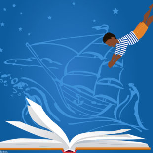 Illustration d'un petit garçon plongeant dans un livre ouvert