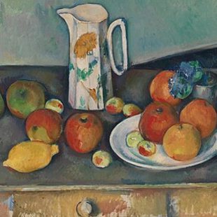 Peinture : Tableau Nature morte, pot à lait et fruits sur une table