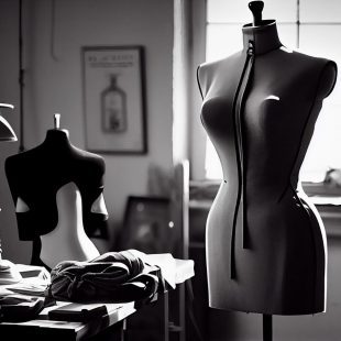 Image en noir et blanc d'un atelier de couture avec mannequin