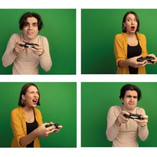 4 Vignettes hommes et femmes avec émotions différentes jouant au jeu vidéo