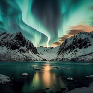 Paysage d'un pays nordique, montages enneigées, lac et aurores boréales.