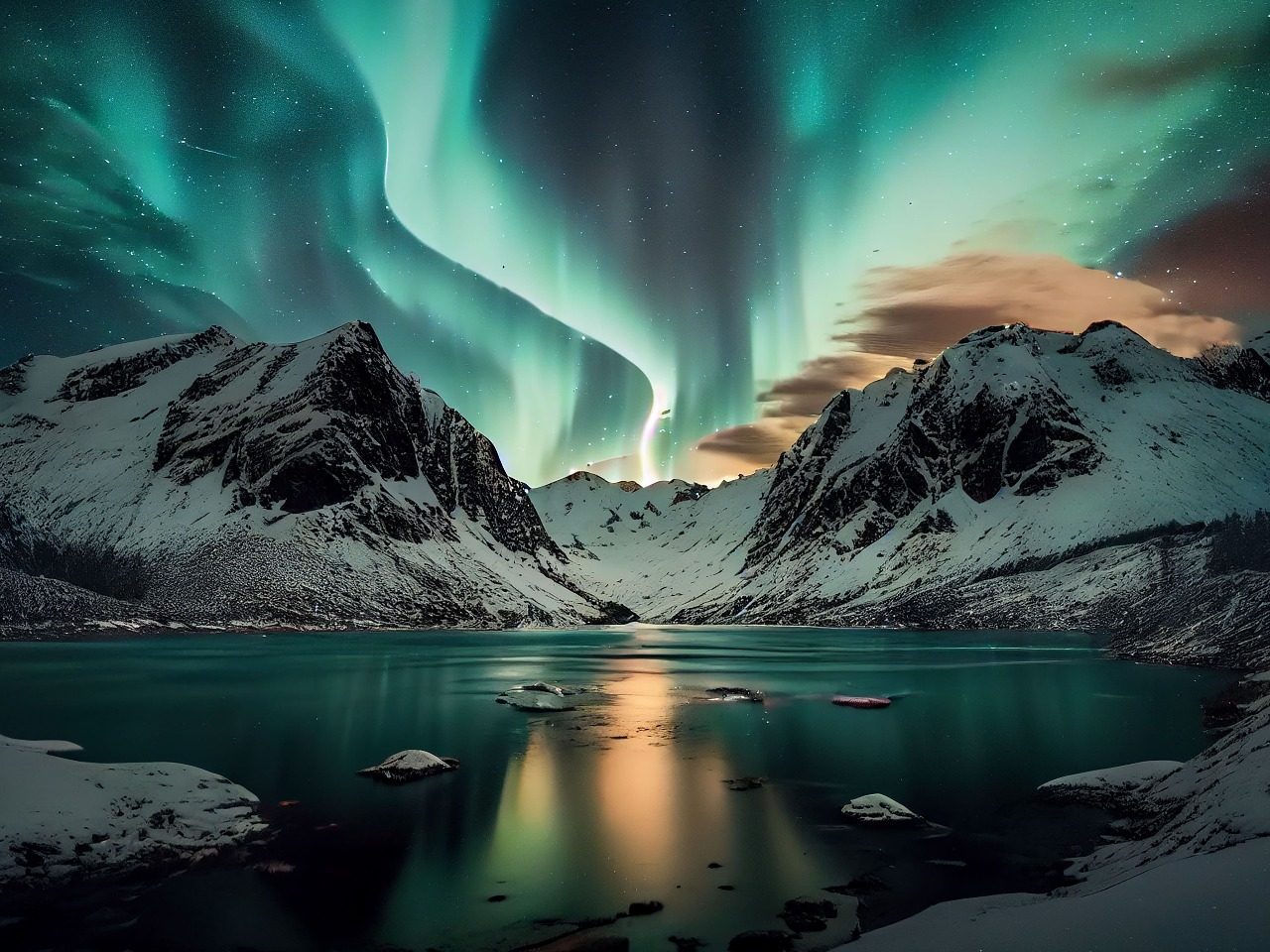 Paysage d'un pays nordique, montages enneigées, lac et aurores boréales.