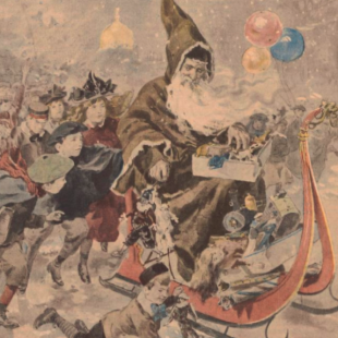 image ancienne représentant le Père Noel, sur son traineau dans la neige, entouré d'enfants
