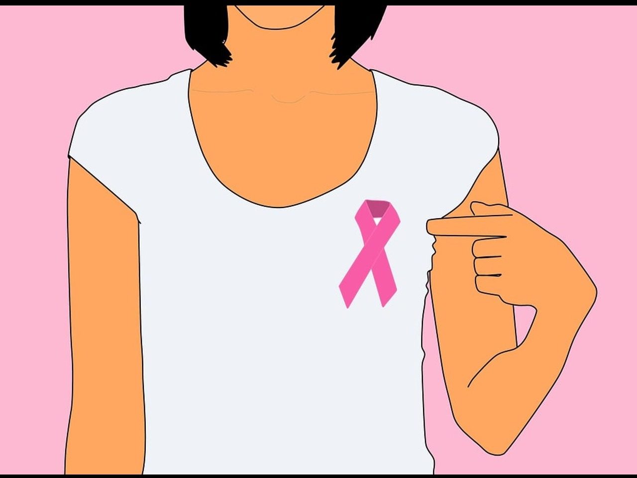 Femme portant un tee-shirt blanc floqué du ruban rose, un symbole universel de la lutte contre le cancer du sein