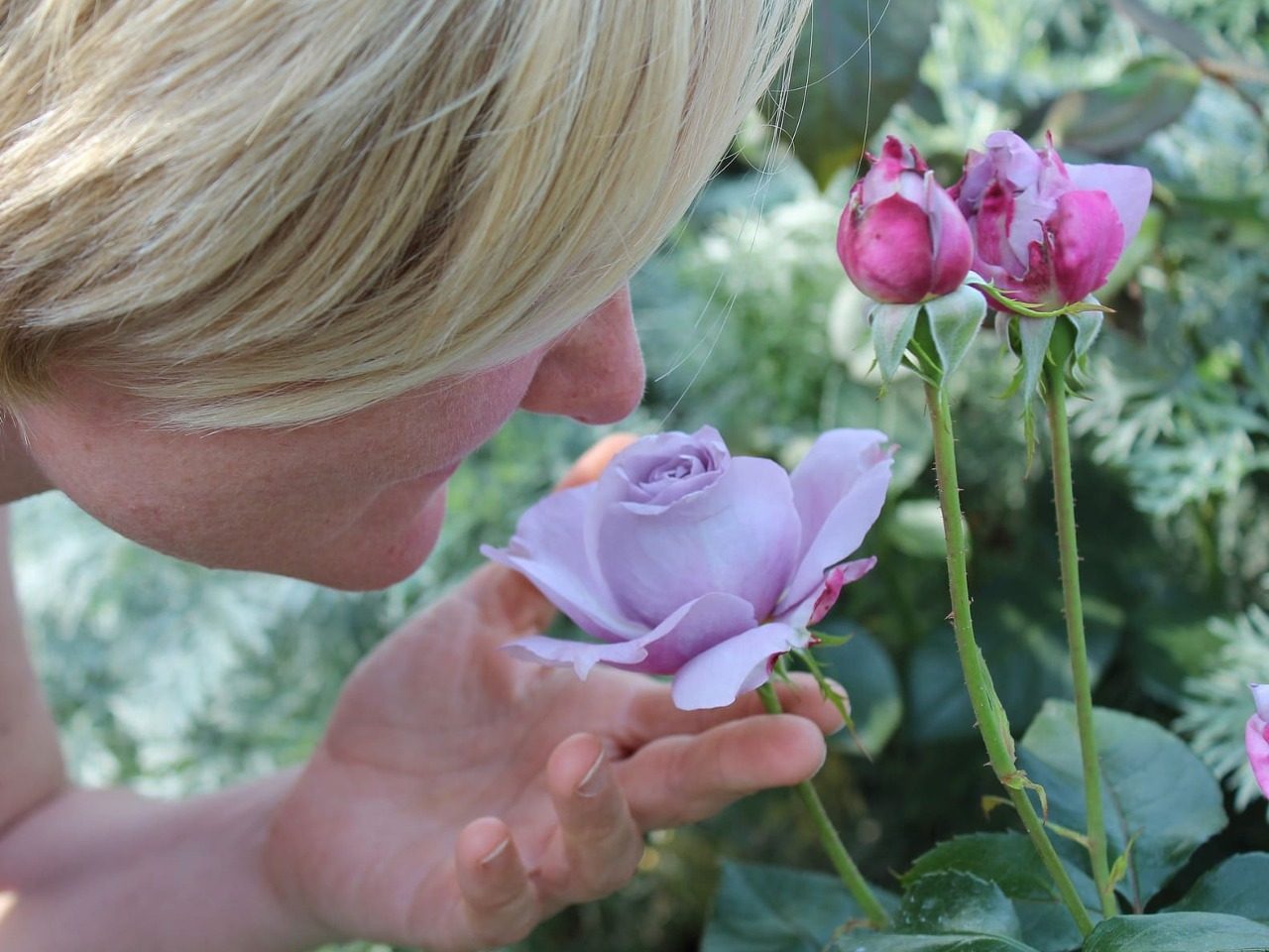 Femme blonde sentant une rose dans un jardin.