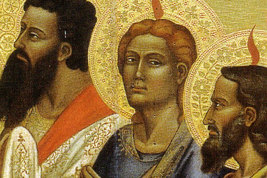 Retable de Pentecôte d'Andrea di Cione Orcagna, 3 personnages sur fond doré.