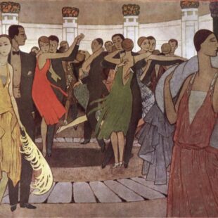Dessin en couleurs de Manuel Orazi représentant une scène de bal dans un dancing de Montmartre au temps des années folles