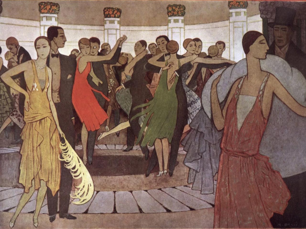 Dessin en couleurs de Manuel Orazi représentant une scène de bal dans un dancing de Montmartre au temps des années folles