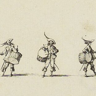 Gravure de 1635 sur l'exercice du tambour, représentant 3 personnages de musiciens jouant du tambour à caisse claire