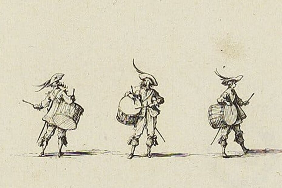Gravure de 1635 sur l'exercice du tambour, représentant 3 personnages de musiciens jouant du tambour à caisse claire