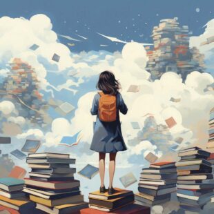 Fille de dos avec sac à dos devant une montagne de livres qui volent.