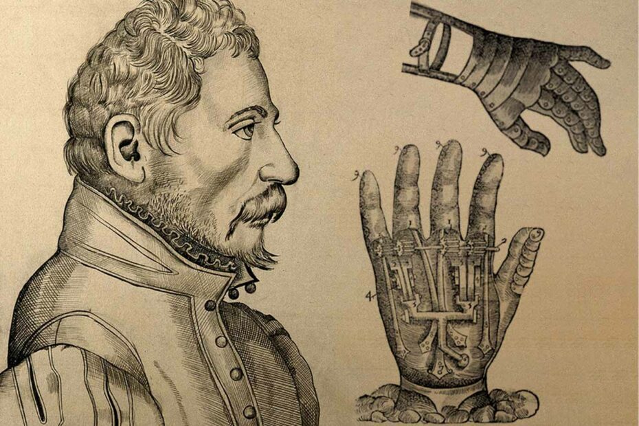 Portrait dessiné de profil d'Amboise Paré et de mains artificielles