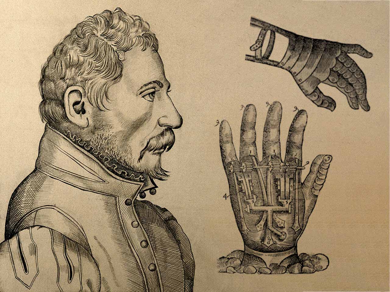 Portrait dessiné de profil d'Amboise Paré et de mains artificielles