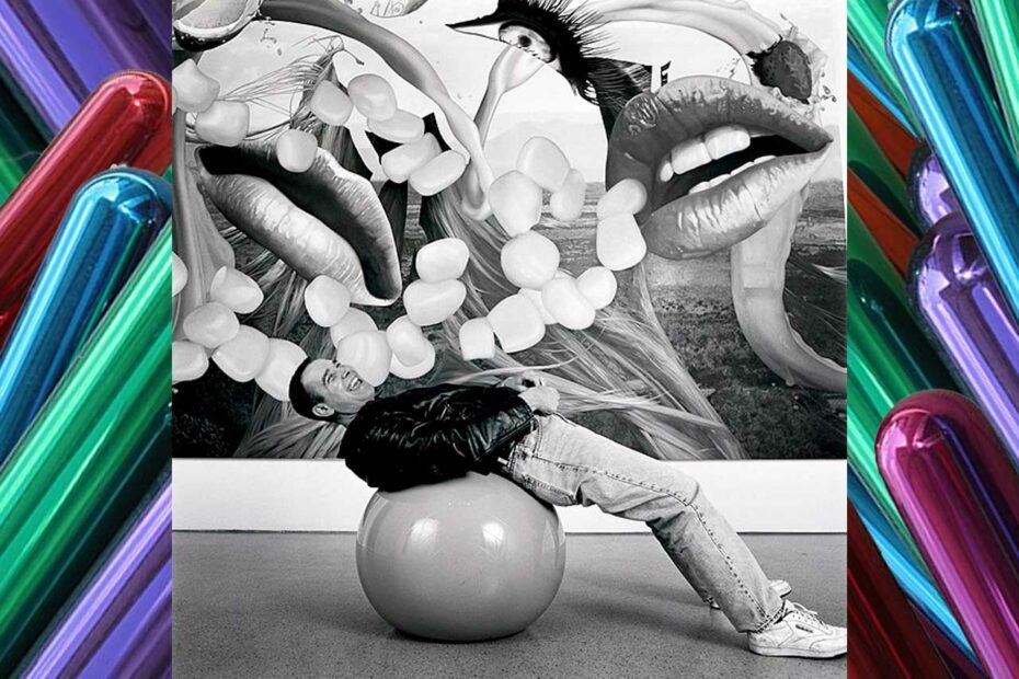 Montage de Photographie en noir et blanc de Jeff Koons sur un ballon et d'une photographie en couleur en fond, représentant les tubes des tulipes de Jeff Koons