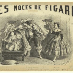 Estampe en format paysage de l'affiche des Noces du figaro. Le document est en noir et blanc. La scène représentée est la découverte par le Comte de Chérubin caché sous le fauteuil