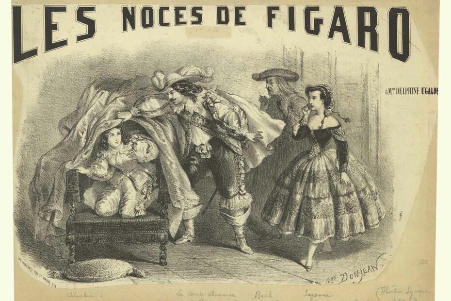 Estampe en format paysage de l'affiche des Noces du figaro. Le document est en noir et blanc. La scène représentée est la découverte par le Comte de Chérubin caché sous le fauteuil