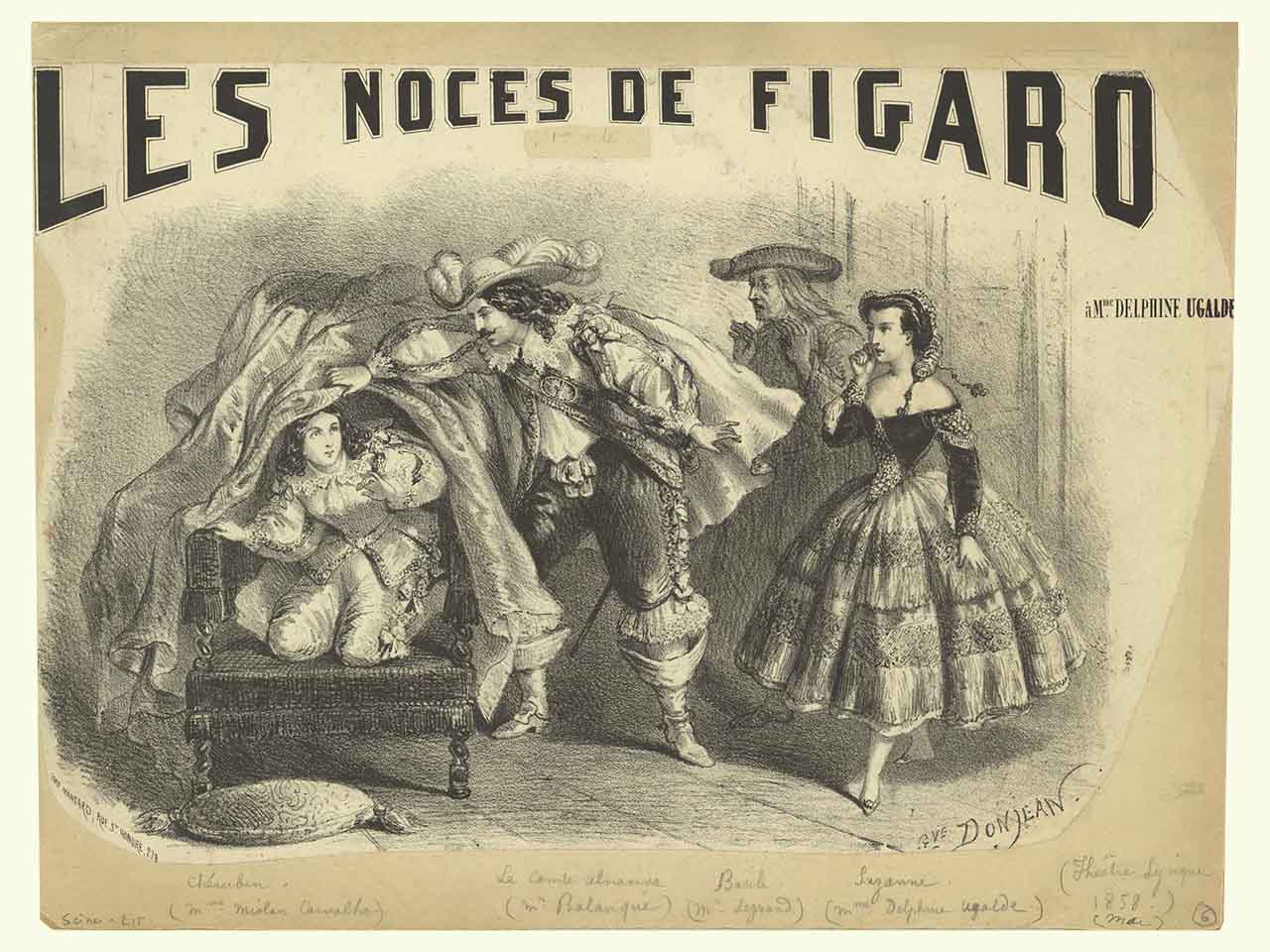 Estampe en format paysage de l'affiche des Noces du figaro. Le document est en noir et blanc. La scène représentée est la découverte par le Comte de Chérubin caché sous le fauteuil