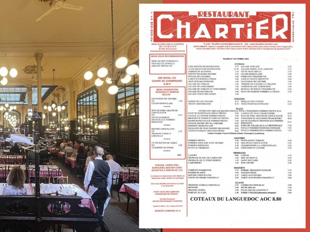 Assemblage d'une photographie couleur et d'un document graphique rouge et blanc. La photographie montre l'intérieur du bouillon parisien Chartier et le document graphique décrit le menu proposé par le restaurant.