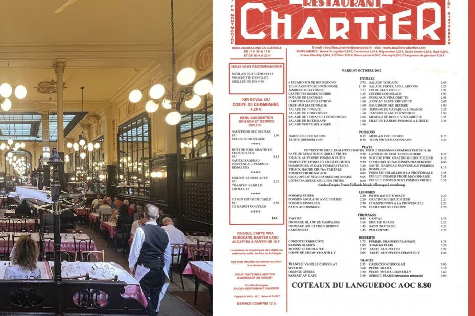 Assemblage d'une photographie couleur et d'un document graphique rouge et blanc. La photographie montre l'intérieur du bouillon parisien Chartier et le document graphique décrit le menu proposé par le restaurant.