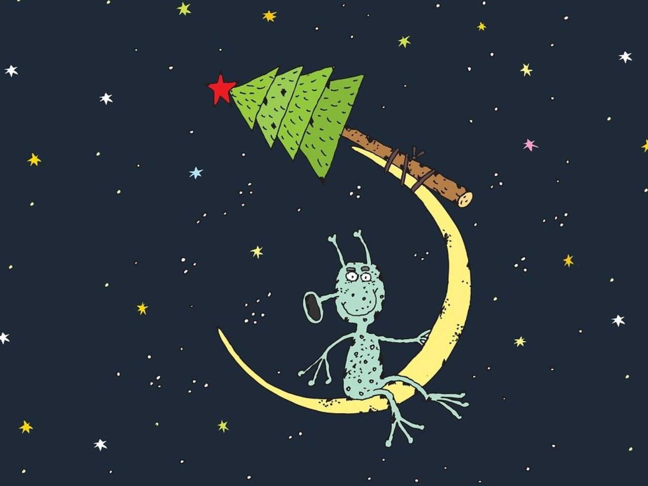 image d'un extraterrestre assis sur une lune avec un sapin sans guirlande, accroché à l'extrémité de la lune.