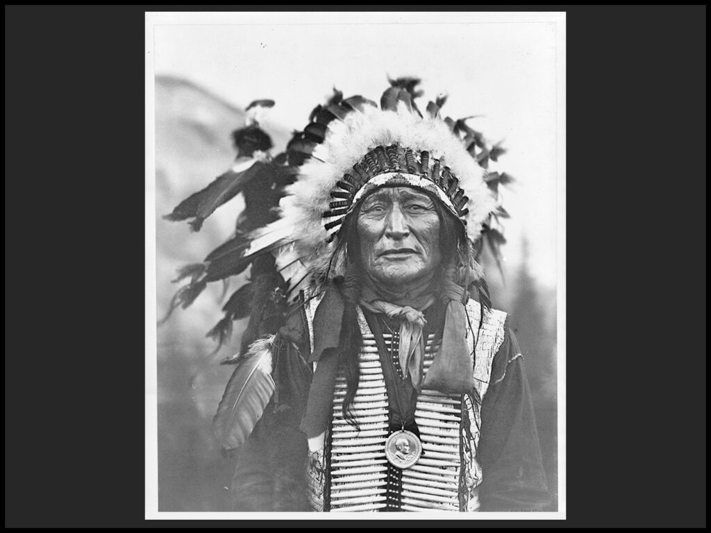 Photographie en noir et blanc du chef sioux Lakota en habit traditionnel, en plan poitrine de face.