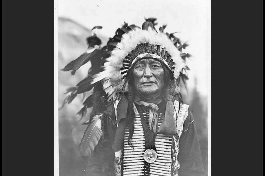 Photographie en noir et blanc du chef sioux Lakota en habit traditionnel, en plan poitrine de face.