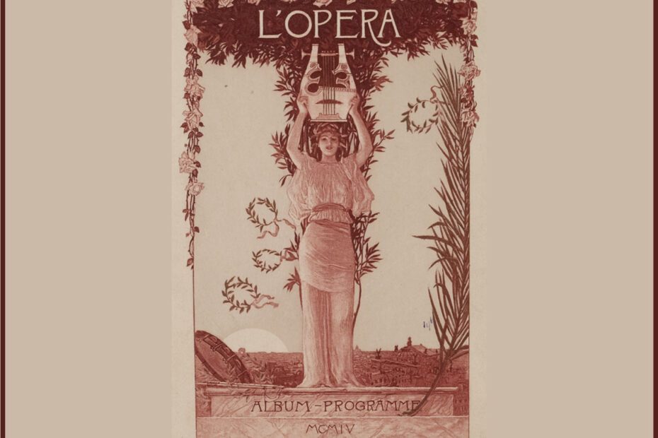 Estampe ancienne en couleur d'un programme de spectacle de l'opéra de l'éditeur Rueff. Au centre, se dresse un personnage de pied brandissant une lyre au dessus de sa tête. Dans le haut du programme est mentionné en lettres typographiques L'OPERA.