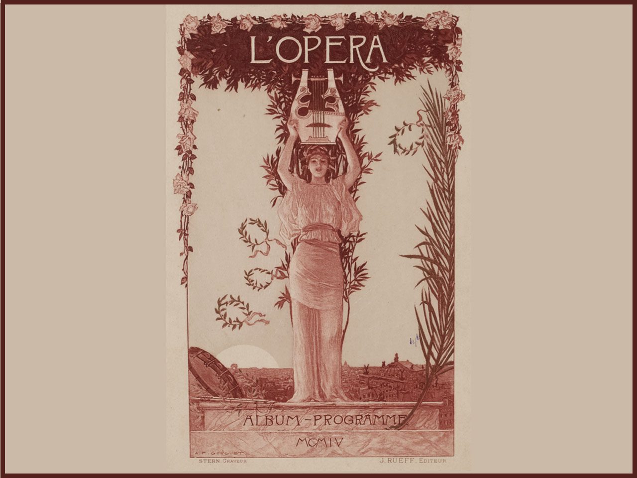 Estampe ancienne en couleur d'un programme de spectacle de l'opéra de l'éditeur Rueff. Au centre, se dresse un personnage de pied brandissant une lyre au dessus de sa tête. Dans le haut du programme est mentionné en lettres typographiques L'OPERA.