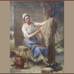 Tableau du 19eme siècle de Eugène Damas en couleurs représentant une teilleuse de chanvre. Le tableau est au format portrait et montre la teilleuse, au centre de l'image, en train de travailler le chanvre. Le tableau est lumineux et une atmosphère tranquille se dégage