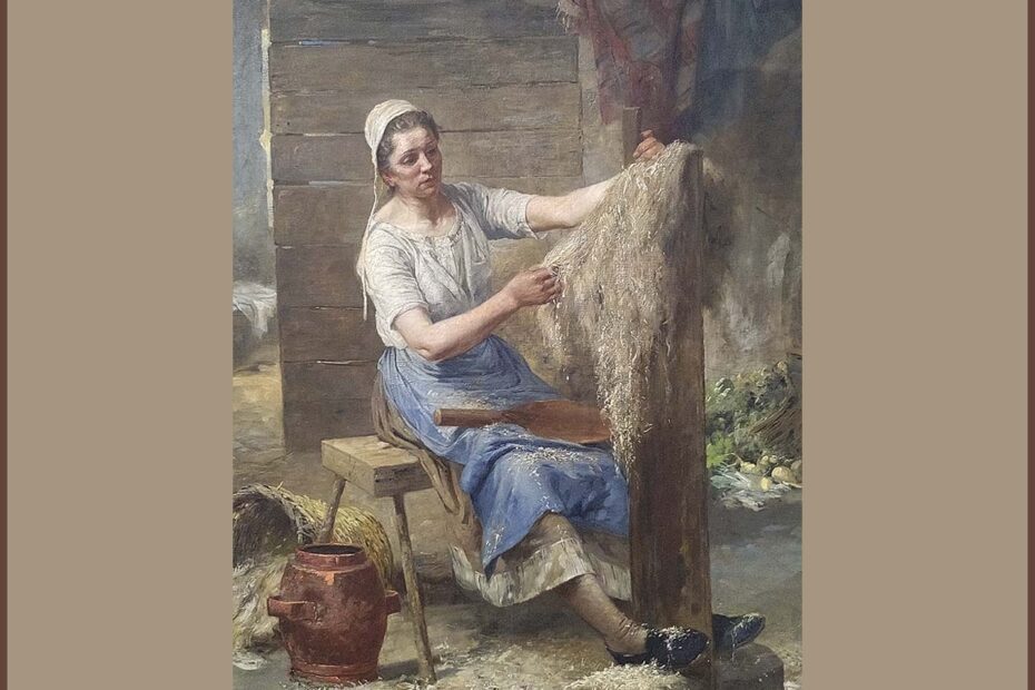 Tableau du 19eme siècle de Eugène Damas en couleurs représentant une teilleuse de chanvre. Le tableau est au format portrait et montre la teilleuse, au centre de l'image, en train de travailler le chanvre. Le tableau est lumineux et une atmosphère tranquille se dégage